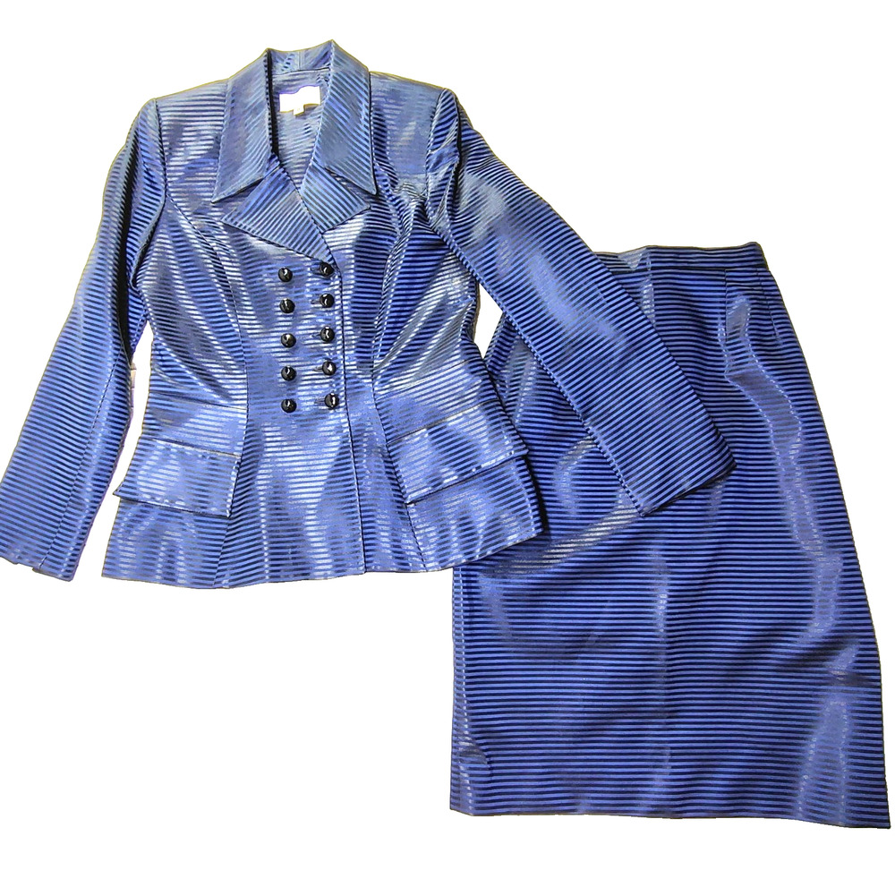 Karon Lorrance Taylored Skirt Suit Sapphire Blue Black Jacket Skirt Size 8 Mediu